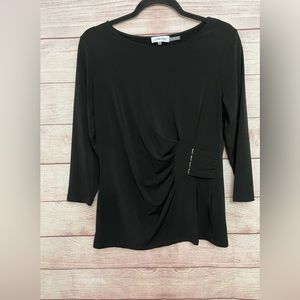 Calvin Klein Black Ruched Accent  Waist Top Sz S 3/4 Sleeve Scoop Neck Pre-owned